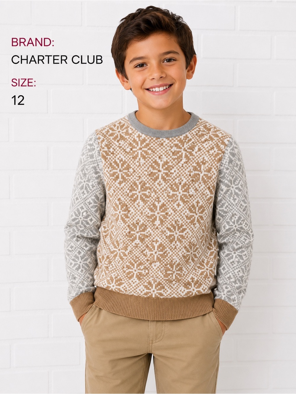 Charter Club Boys Fair Isle Knit Sweater Beige Gray Winter Holiday Pullover/L